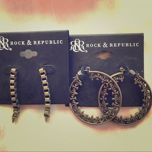 Two pair of edgy Rock & Republic earrings.